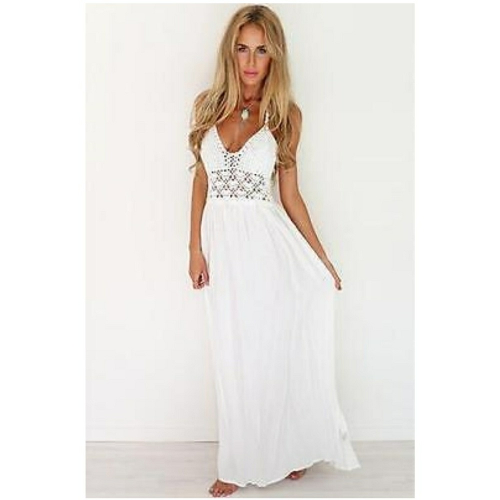 ✨ White Bohemian Crocheted Bodice Maxi Dress
